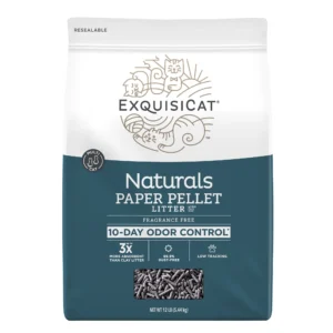 An Exquisicat Naturals Paper Pellet Litter package in a resealable white and teal bag. The packaging prominently displays "RESEALABLE" at the top, the Exquisicat logo with decorative cat illustrations, and "10-DAY ODOR CONTROL" with features like "3X MORE ABSORBENT THAN CLAY LITTER," "99.9% DUST-FREE," and "LOW TRACKING." A clear window shows the gray paper pellets inside.Image 4:
A bag of World's Best Cat Litter featuring red and white packaging with a close-up photo of an orange tabby cat's face. The package shows "WORLD'S BEST CAT LITTER" branding and appears to be a clumping formula.
Image 5:
An Almo Nature cat litter package in white with green accents, showing "Naturale CAT LITTER" text. Next to the bag is a small pile of light-colored, fine-textured natural litter granules demonstrating the product's appearance.RetryClaude can make mistakes. Please double-check responses.Research Sonnet 4