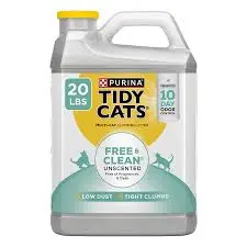 A plastic jug of Purina Tidy Cats "Free & Clean" unscented clumping cat litter. The container is gray with a yellow handle and cap, featuring blue and yellow labeling. The package shows "24/7 Performance" and "Free & Clean" branding with mentions of low dust and tight clumps.