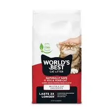 A bag of World's Best Cat Litter featuring red and white packaging with a close-up photo of an orange tabby cat's face. The package shows "WORLD'S BEST CAT LITTER" branding and appears to be a clumping formula.