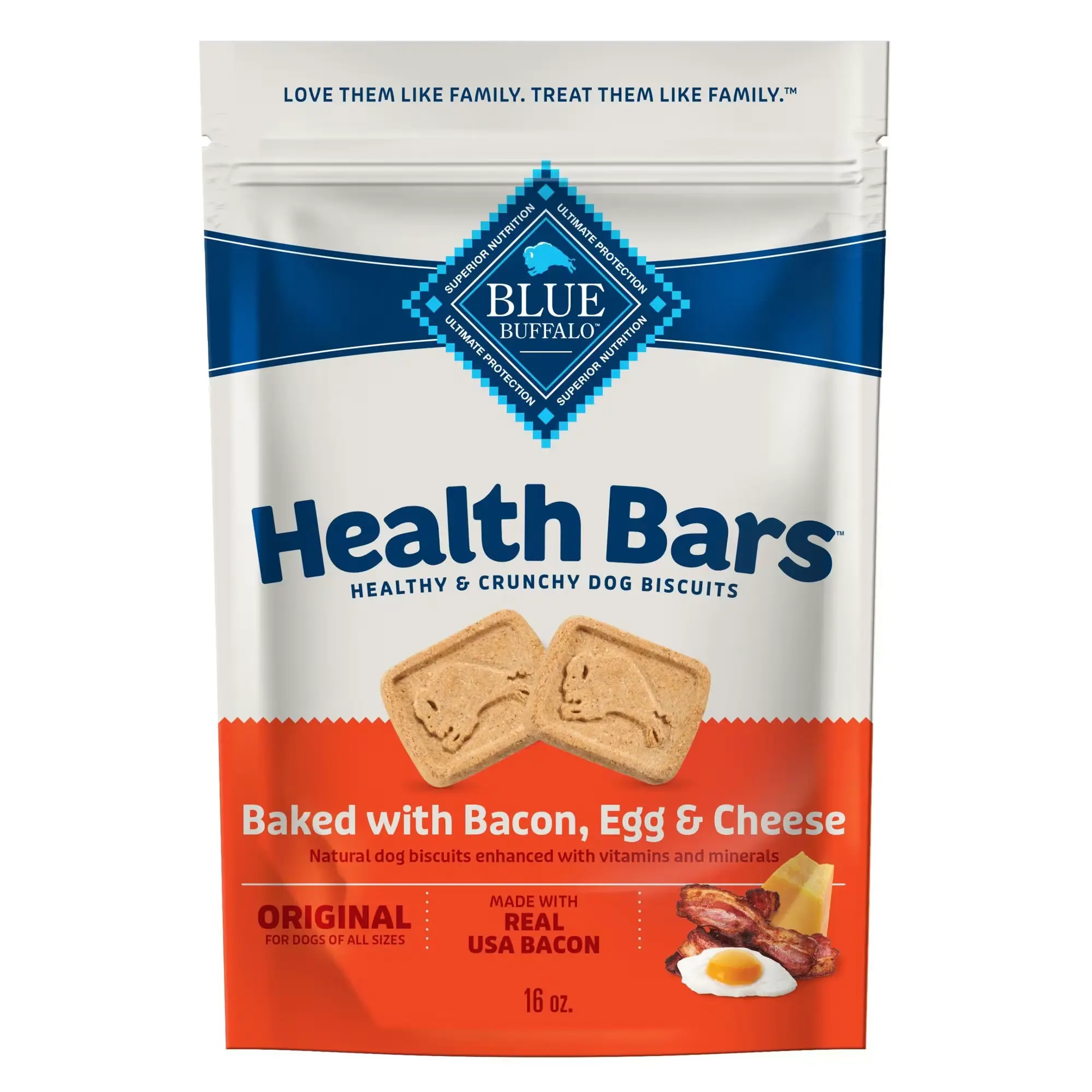 This is a product image of Blue Buffalo Health Bars – a type of crunchy dog biscuit. Key Details from the Image: Brand: Blue Buffalo Product Line: Health Bars – "Healthy & Crunchy Dog Biscuits" Flavor: Baked with Bacon, Egg & Cheese Size: 16 oz (as seen on the bottom of the package) Features: Made with real USA bacon Marketed as an "original" formula Tagline at the top: "Love them like family. Treat them like family." This product is positioned as a wholesome treat for dogs, appealing to pet owners who value both health and flavor.