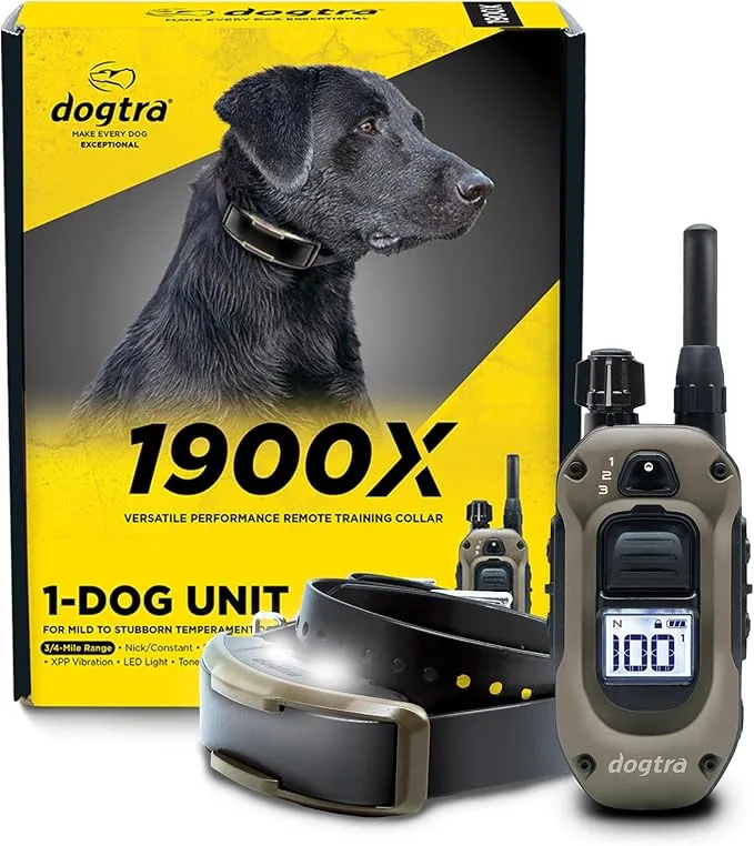 Dogtra 1900X versatile performance remote dog training collar system with product packaging, featuring a black receiver collar with gold indicator lights and metallic contact points, paired with an olive green handheld transmitter with LCD display showing level 00, rubberized grip, extended antenna, and multiple control buttons. The yellow and black product box displays a black Labrador wearing the collar and highlights the 1-dog unit specifications including 3/4-mile range, nick/constant stimulation modes, XPP vibration, LED light, and tone features for training mild to stubborn temperament dogs.