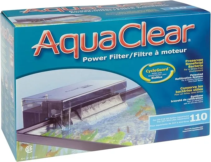 AquaClear 110 Power Filter box packaging showing hang-on-back aquarium filter with CycleGuard technology for tanks up to 110 gallons