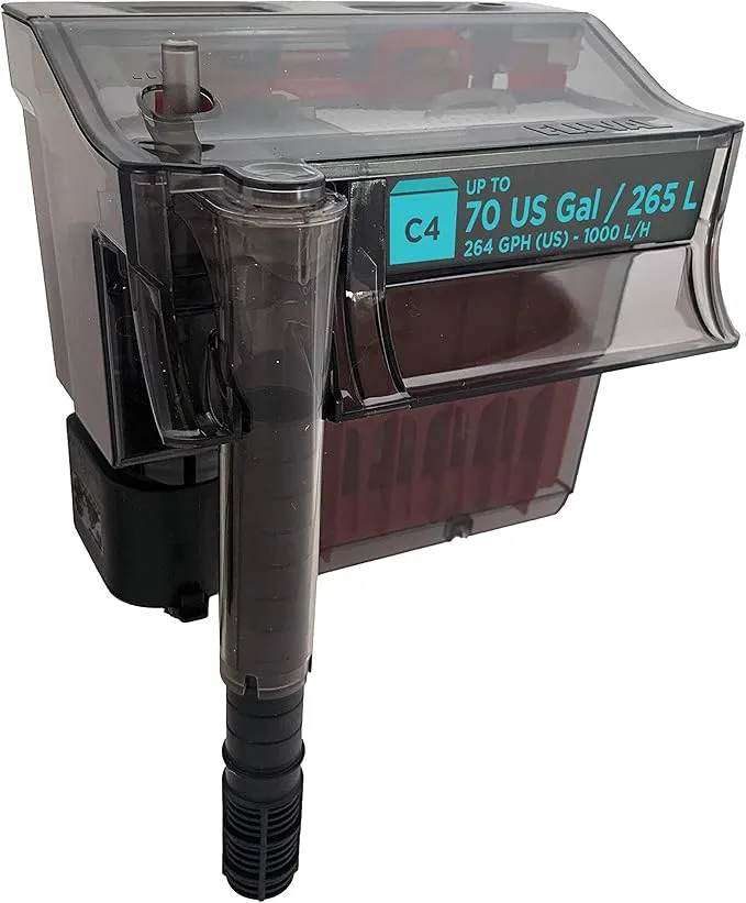 Aquarium hang-on-back power filter with transparent housing showing C4 rating for up to 70 gallon or 265 liter tanks with 264 GPH flow rate