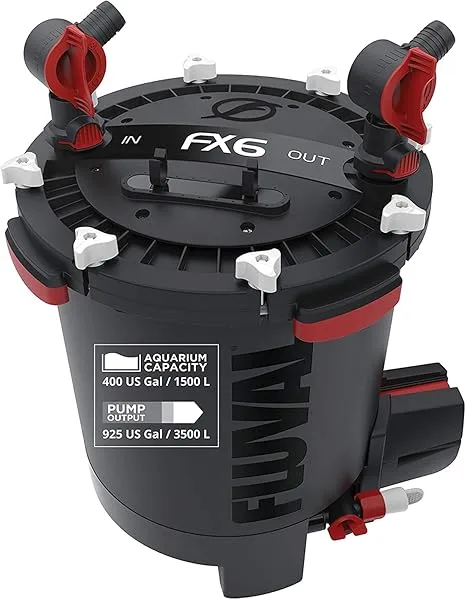 Fluval FX6 black canister filter with red accents showing inlet and outlet ports, rated for 400 gallon aquariums with 925 GPH pump capacity