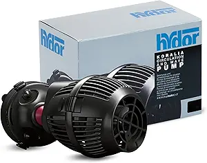 Hydor Koralia Nano 240 aquarium circulation pump with magnetic mount, showing dual black wavemaker powerheads with protective grills next to product packaging