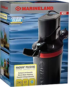 Marineland Magnum Polishing Internal Canister Filter in black with red accent ring, showing product packaging for 97 GPH aquarium filtration system rated for up to 30 gallon tanks