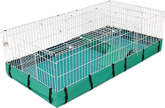 Large guinea pig cage with white wire top and green waterproof fabric base, featuring open-top design with hay rack and divider panel
