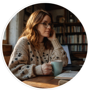 Morgan Blake, a young woman with glasses and wavy hair, sits at a wooden table with a mug and an open book, wearing a cozy sweater with paw print patterns, in a warm library setting.